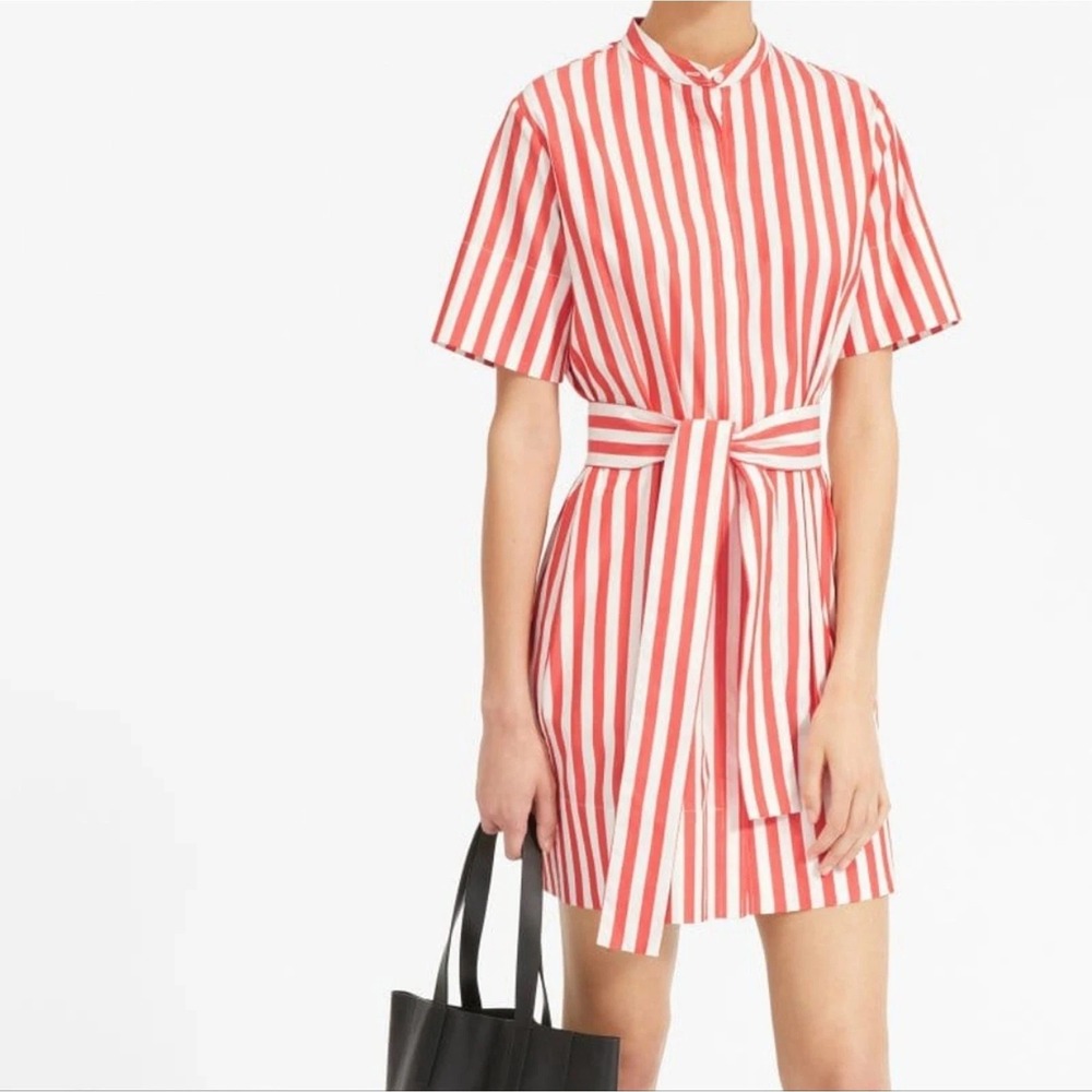 Everlane The Cotton Collarless Belted Striped Shirtdress In Red Orange‎ Size 4